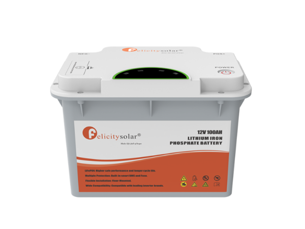 Felicity FLA12100 1.28kWh 12.8V 100Ah LiFePO4 Lithium Solar Battery; 100A Charge/Discharge, Smart BMS, 95% DoD, Scalable to 20.48kWh