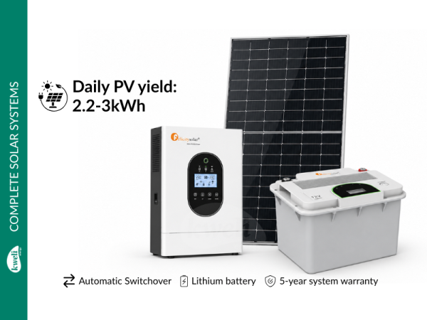 Kweli Energy 600Wp-2.56kWh-1kW Complete Hybrid Solar Power System; 2.2-3kWh Daily PV Yield, Long-Life Lithium Battery, Automatic Switchover