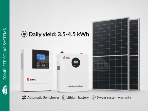 Kweli Energy 900Wp-2.56kWh-1.5kVA Complete Hybrid Solar Power System; 3.5-4.5kWh Daily Yield, Automatic Switchover