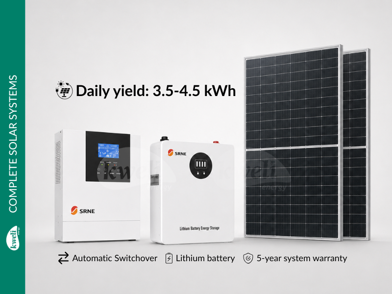 Kweli Energy 900Wp-2.56kWh-1.5kVA Complete Hybrid Solar Power System; 3.5-4.5kWh Daily Yield, Automatic Switchover - Kweli Energy 900Wp-2.56kWh-1.5kVA Complete Hybrid Solar Power System; 3.5-4.5kWh Daily Yield, Automatic Switchover
