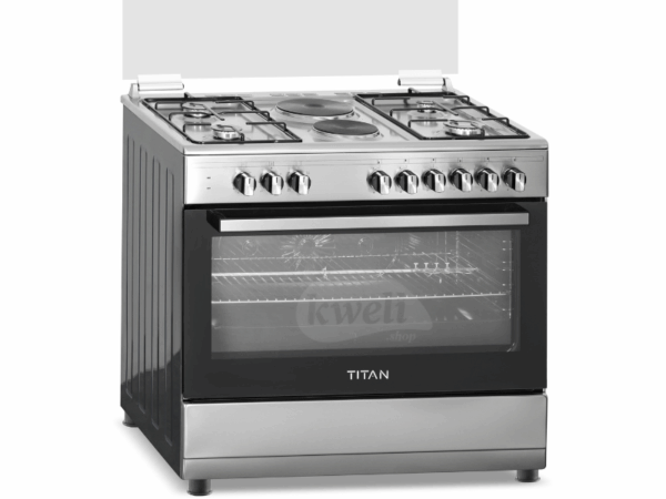 TITAN Freestanding Cooker, 90cm x 60cm, 4 Gas Burners + 2 Electric Hotplates, Electric Oven with Grill & Rotisserie, Oven Fan, Auto Ignition – TN-FC9420XBS